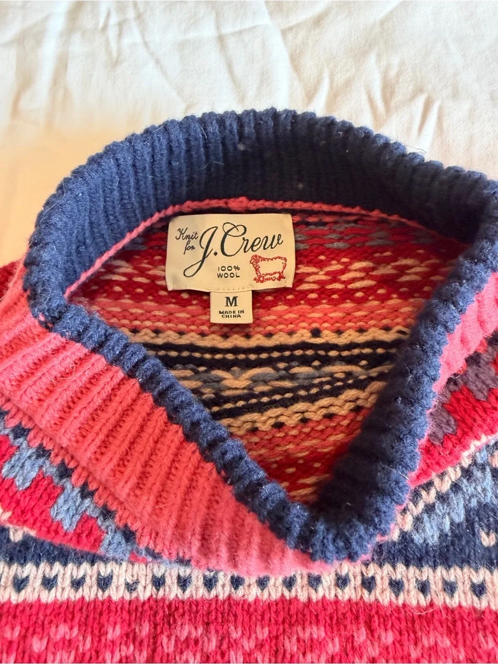 J. Crew Men's Wood Crewneck Sweater with Pink and Cream Fair Isle Pattern